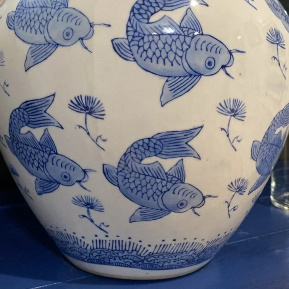 Vintage Chinese Blue & White Koi Fish porcelain vase